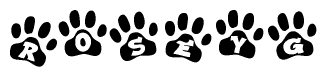 The image shows a row of animal paw prints, each containing a letter. The letters spell out the word Roseyg within the paw prints.