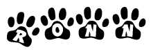 The image shows a row of animal paw prints, each containing a letter. The letters spell out the word Ronn within the paw prints.
