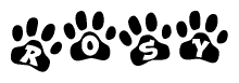 The image shows a series of animal paw prints arranged in a horizontal line. Each paw print contains a letter, and together they spell out the word Rosy.
