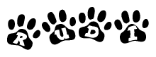 The image shows a row of animal paw prints, each containing a letter. The letters spell out the word Rudi within the paw prints.