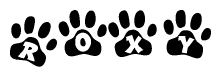 The image shows a series of animal paw prints arranged horizontally. Within each paw print, there's a letter; together they spell Roxy
