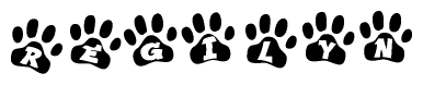 The image shows a row of animal paw prints, each containing a letter. The letters spell out the word Regilyn within the paw prints.