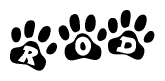 The image shows a series of animal paw prints arranged in a horizontal line. Each paw print contains a letter, and together they spell out the word Rod.