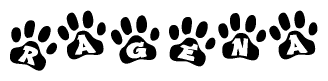   The image shows a row of animal paw prints, each containing a letter. The letters spell out the word Ragena within the paw prints. 