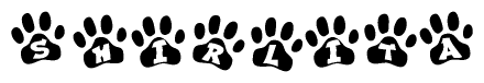 The image shows a series of animal paw prints arranged horizontally. Within each paw print, there's a letter; together they spell Shirlita