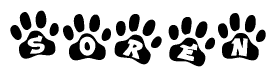 The image shows a series of animal paw prints arranged in a horizontal line. Each paw print contains a letter, and together they spell out the word Soren.