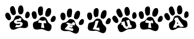 The image shows a series of animal paw prints arranged in a horizontal line. Each paw print contains a letter, and together they spell out the word Steluta.