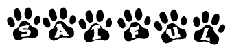 The image shows a row of animal paw prints, each containing a letter. The letters spell out the word Saiful within the paw prints.