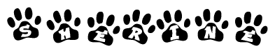 The image shows a row of animal paw prints, each containing a letter. The letters spell out the word Sherine within the paw prints.