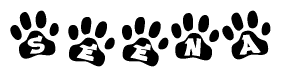 The image shows a series of animal paw prints arranged in a horizontal line. Each paw print contains a letter, and together they spell out the word Seena.