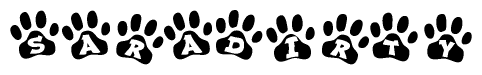 The image shows a series of animal paw prints arranged in a horizontal line. Each paw print contains a letter, and together they spell out the word Saradirty.