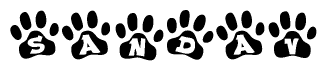 The image shows a series of animal paw prints arranged in a horizontal line. Each paw print contains a letter, and together they spell out the word Sandav.
