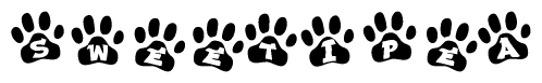 The image shows a series of animal paw prints arranged horizontally. Within each paw print, there's a letter; together they spell Sweetipea