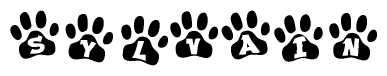 The image shows a row of animal paw prints, each containing a letter. The letters spell out the word Sylvain within the paw prints.