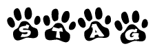 The image shows a row of animal paw prints, each containing a letter. The letters spell out the word Stag within the paw prints.