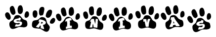 The image shows a series of animal paw prints arranged in a horizontal line. Each paw print contains a letter, and together they spell out the word Srinivas.