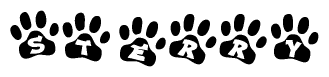 The image shows a row of animal paw prints, each containing a letter. The letters spell out the word Sterry within the paw prints.