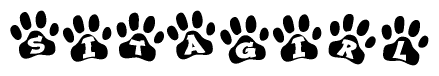 The image shows a series of animal paw prints arranged in a horizontal line. Each paw print contains a letter, and together they spell out the word Sitagirl.