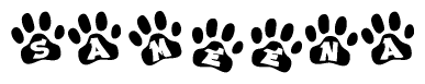 The image shows a row of animal paw prints, each containing a letter. The letters spell out the word Sameena within the paw prints.