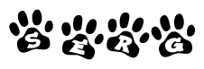 The image shows a series of animal paw prints arranged in a horizontal line. Each paw print contains a letter, and together they spell out the word Serg.