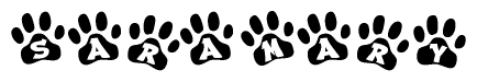 The image shows a series of animal paw prints arranged horizontally. Within each paw print, there's a letter; together they spell Saramary