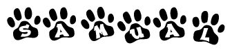 The image shows a row of animal paw prints, each containing a letter. The letters spell out the word Samual within the paw prints.