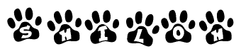 The image shows a series of animal paw prints arranged horizontally. Within each paw print, there's a letter; together they spell Shiloh