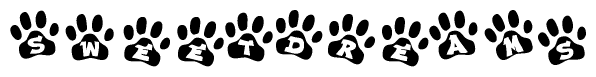 The image shows a series of animal paw prints arranged horizontally. Within each paw print, there's a letter; together they spell Sweetdreams