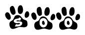 The image shows a row of animal paw prints, each containing a letter. The letters spell out the word Soo within the paw prints.
