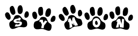 The image shows a series of animal paw prints arranged horizontally. Within each paw print, there's a letter; together they spell Symon