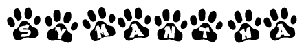 The image shows a series of animal paw prints arranged horizontally. Within each paw print, there's a letter; together they spell Symantha