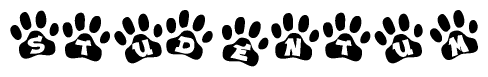 The image shows a series of animal paw prints arranged in a horizontal line. Each paw print contains a letter, and together they spell out the word Studentum.