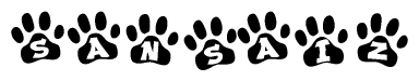 The image shows a row of animal paw prints, each containing a letter. The letters spell out the word Sansaiz within the paw prints.