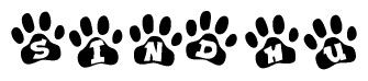 The image shows a series of animal paw prints arranged horizontally. Within each paw print, there's a letter; together they spell Sindhu