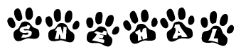 The image shows a row of animal paw prints, each containing a letter. The letters spell out the word Snehal within the paw prints.
