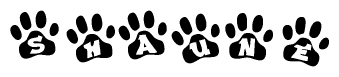 The image shows a series of animal paw prints arranged horizontally. Within each paw print, there's a letter; together they spell Shaune