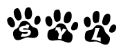 The image shows a series of animal paw prints arranged horizontally. Within each paw print, there's a letter; together they spell Syl