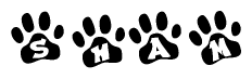 The image shows a series of animal paw prints arranged in a horizontal line. Each paw print contains a letter, and together they spell out the word Sham.
