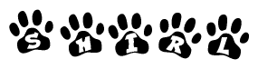 The image shows a series of animal paw prints arranged in a horizontal line. Each paw print contains a letter, and together they spell out the word Shirl.