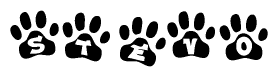 The image shows a row of animal paw prints, each containing a letter. The letters spell out the word Stevo within the paw prints.