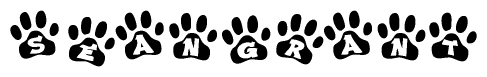 The image shows a series of animal paw prints arranged in a horizontal line. Each paw print contains a letter, and together they spell out the word Seangrant.