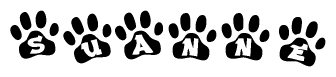 The image shows a series of animal paw prints arranged horizontally. Within each paw print, there's a letter; together they spell Suanne