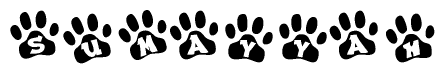 The image shows a series of animal paw prints arranged in a horizontal line. Each paw print contains a letter, and together they spell out the word Sumayyah.