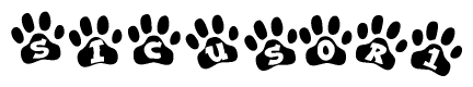 The image shows a series of animal paw prints arranged horizontally. Within each paw print, there's a letter; together they spell Sicusor1
