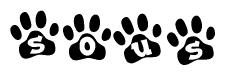 The image shows a series of animal paw prints arranged in a horizontal line. Each paw print contains a letter, and together they spell out the word Sous.