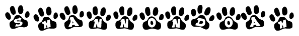 The image shows a row of animal paw prints, each containing a letter. The letters spell out the word Shannondoah within the paw prints.