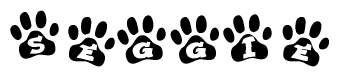 The image shows a row of animal paw prints, each containing a letter. The letters spell out the word Seggie within the paw prints.