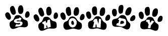 The image shows a series of animal paw prints arranged in a horizontal line. Each paw print contains a letter, and together they spell out the word Shondy.