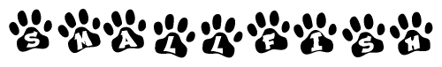 The image shows a row of animal paw prints, each containing a letter. The letters spell out the word Smallfish within the paw prints.