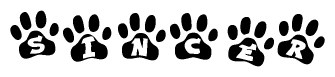 The image shows a series of animal paw prints arranged in a horizontal line. Each paw print contains a letter, and together they spell out the word Sincer.